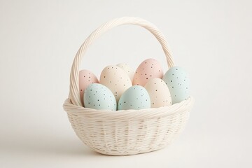 Wall Mural - Simple Easter Basket With Pastel-Colored Eggs Arranged on a Clean White Background Creating a Modern Minimalist Aesthetic