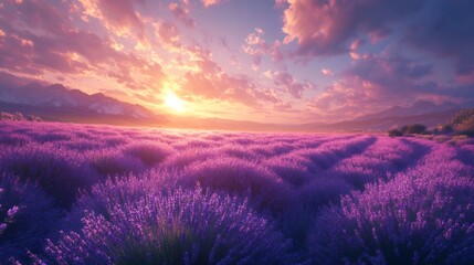 Wall Mural - Sunset illuminating blooming lavender field with mountains in background