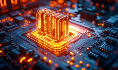Poster - Abstract close-up of illuminated computer circuit board with glowing elements