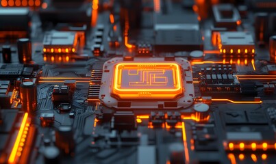 Poster - Abstract close-up of a computer motherboard illuminated with orange lines