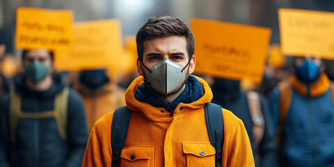 Young man in a protective mask standing in the forefront of a protest, surrounded by demonstrators holding signs, symbolizing activism and social movement. Close-up