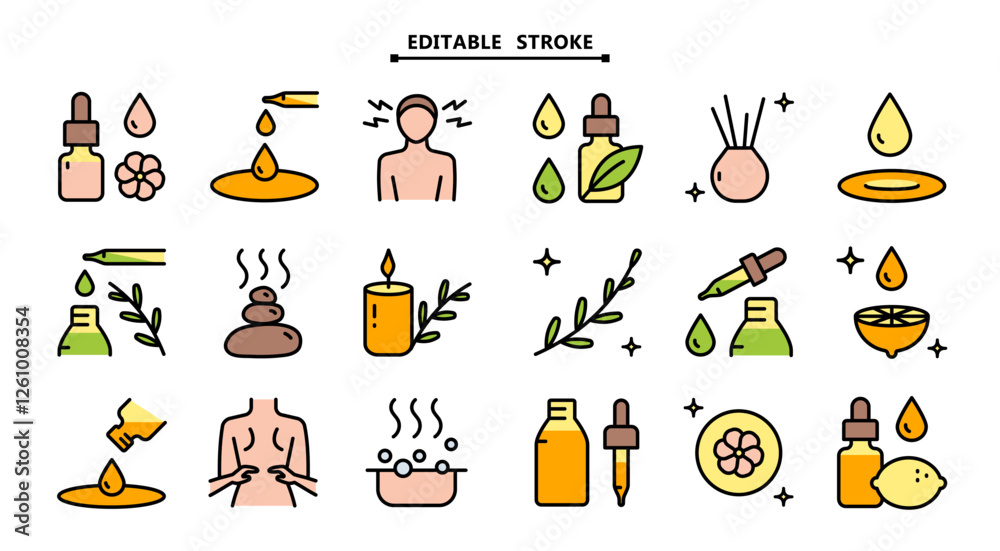 Essential oils aromatherapy vector flat icons set. Editable stroke ...