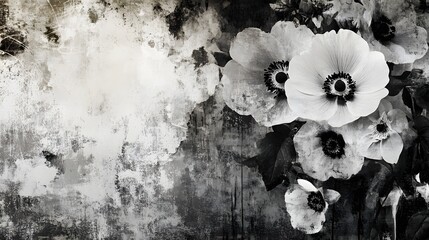 Aufkleber - black and white photography of beautiful floral blossoms against a vintage grunge and weathered textured background  Dramatic high contrast monochrome image with a moody atmospheric aesthetic