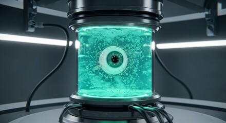 Poster - Futuristic medical or scientific visualization of a human eye within a transparent container. Focus on ophthalmology, research, artificial organs, technology, and science fiction themes.