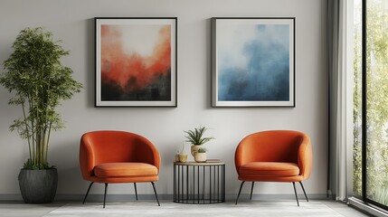 Poster - Two orange armchairs face abstract art in a modern room.