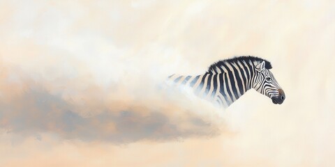Poster - Zebra emerges from mist savanna animal illustration dreamlike side view ethereal beauty