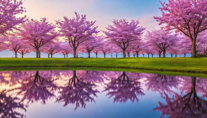 Wall Mural - Cherry Blossom Serenity: A vast field of cherry blossom trees in full bloom, their delicate pink petals softly illuminated by a pastel sky at sunrise. A crystal-clear pond reflects the blossoms and sk