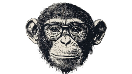 Curious chimpanzee wearing glasses on transparent background