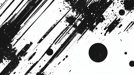 Poster - Energetic Abstract Monochrome Diagonal Stripe and Splash Composition with Contrasting Highlights  Dynamic digital artwork with bold black and white geometric shapes grunge textures