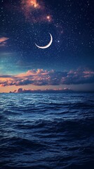 Aufkleber - A stunning view captures the crescent moon glowing brightly over calm ocean waters, with soft clouds and twinkling stars creating a peaceful ambiance