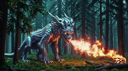 Poster - Metallic mythical dragon breathing intense flames through dark forest, casting otherworldly magical light and creating powerful dramatic ambiance with glowing embers and sparking fire