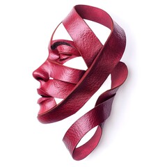 Poster - Enigmatic Red Ribbon Portrait   Surreal Conceptual Creative Art Digital Depicting a Symbolic Facial Expression or Mask with Ribbon Texture