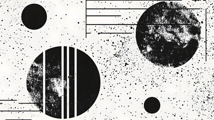 Aufkleber - Ethereal Monochrome Cosmos Abstract Geometric Celestial Spheres and Orbs Floating in Mysterious Dark Space with Textured Grunge Patterns and Minimal Lines