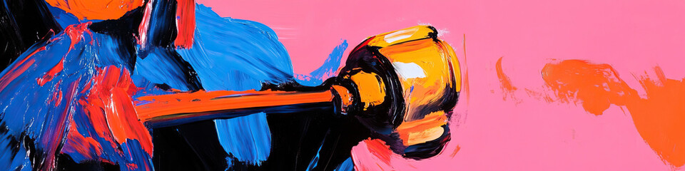 Poster - abstract painting with blue, orange, and yellow forms on pink background