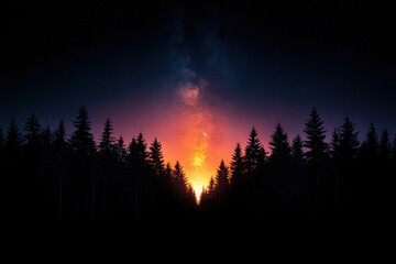 Wall Mural - A dark forest with a glowing orange sun in the sky