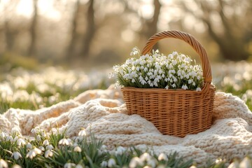 Wall Mural - Wicker basket overflowing with snowdrops rests on knitted blanket in spring meadow