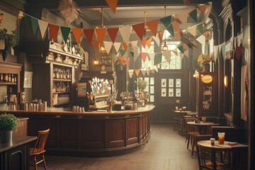 Vibrant Irish Pub Interior With Colorful Flags and Bunting in a Warm Atmosphere