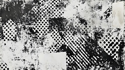 Aufkleber - Grunge Abstract Monochrome Dotted and Splattered Textured Background Design  Vintage grungy black and white distressed digital collage composition with paint splatters brush strokes