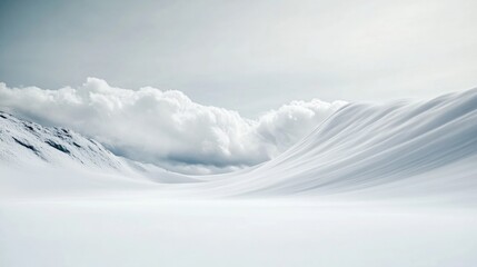 Serene snow-covered landscape with gentle hills and dramatic clo