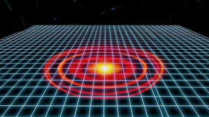 Aufkleber - Seismic waves expanding from epicenter on digital grid in slow motion, creating concentric circles of red and orange light, simulating earthquake impact
