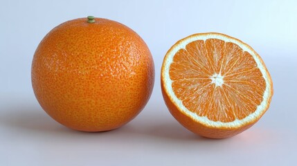 Wall Mural - Whole and Sliced Juicy Orange on a Light Background Representing Freshness and Nutrition