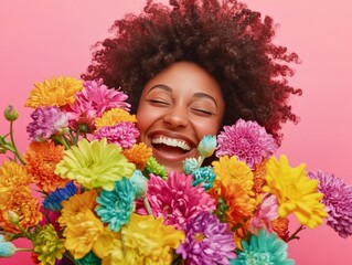 Happiness with Yellow Flower Bouquet, Portrait of Smiling Afro Woman