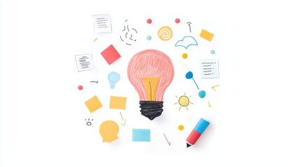 Poster - Creative Brainstorming Session with Light Bulb and Colorful Ideas on White Background