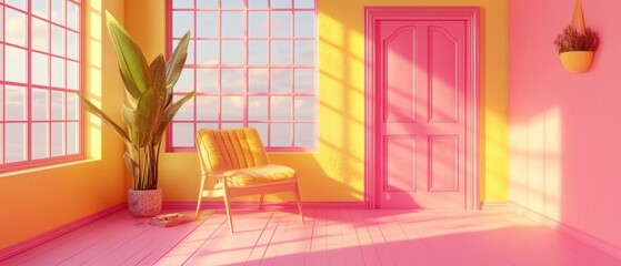 Wall Mural - Colorful room with chair, plant, door, and window, with pink and yellow walls and wood floor, good for ads