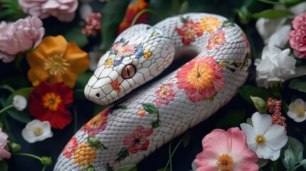 Poster - Colorful Snake Surrounded by Floral Patterns, Showcasing Intricate Flower Designs on Its Scales