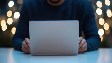 Poster - Professional Individual Engaged in Virtual Meeting with Laptop Surrounded by Soft Ambient Lights