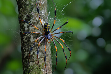 Wall Mural - A spider weaving web on a tree in forest.