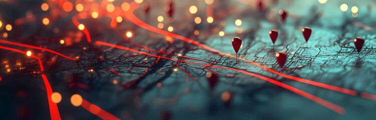 Aufkleber - Global Connectivity: A captivating abstract image of a vintage map with glowing red pins and digital lines tracing intricate connections across the globe.
