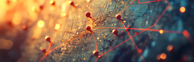 Aufkleber - Global Network Connection: A close-up abstract image depicting a network map with pins interconnected by lines, suggesting global connectivity, communication, and data flow.