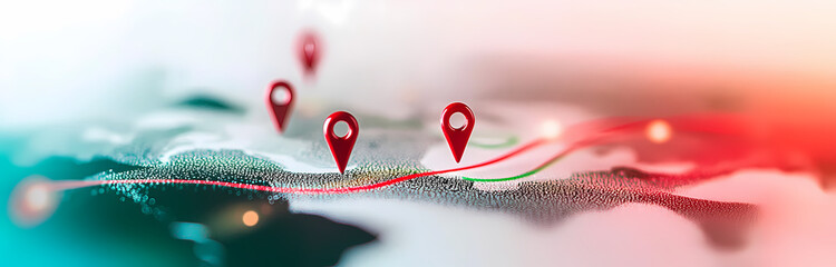 Aufkleber - Global Network Map: Red location pins mark key points on a vibrant, stylized world map, symbolizing interconnectedness and global reach.  The image evokes a sense of travel, exploration.