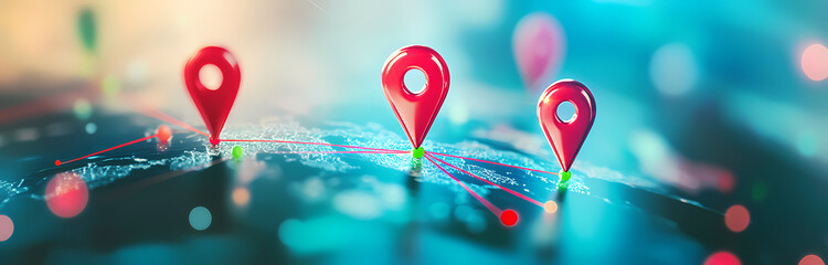 Aufkleber - Global Reach:  Three red location pins on a blurred abstract map, symbolizing connection, globalization, and interconnectedness in our digital world.