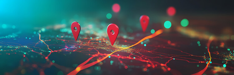 Aufkleber - Global Connections: Three red map pin markers stand out on a glowing abstract map, representing international network, connections, global reach, and communication.