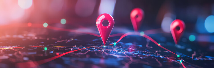 Aufkleber - Interconnected World:  A captivating image showcasing three red pin pointers on a map, symbolizing the connectedness of the world.