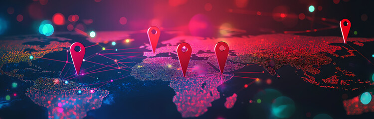 Aufkleber - Global Network Connection: Red map markers illuminate a stylized world map, symbolizing a vast interconnected global network.  The vibrant, neon-like color palette adds a futuristic and dynamic feel.