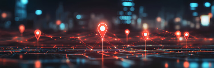 Aufkleber - Cyber City Navigation: Glowing red location pins illuminate a digital map overlaid with a futuristic cityscape, suggesting a sense of interconnectedness and global reach.