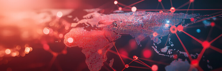 Aufkleber - global network: a stylized map of the world, rendered in bold red hues, is enveloped in a network of