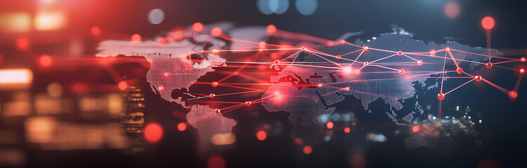 Aufkleber - Global Network: A stylized, illuminated world map with glowing network connections symbolizing interconnectedness, global communication, and digital technologies.