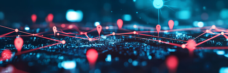Aufkleber - Global Network: A vibrant digital illustration depicting a futuristic cityscape interconnected by a network of glowing red location pins and lines, symbolizing global connectivity and data flow.  