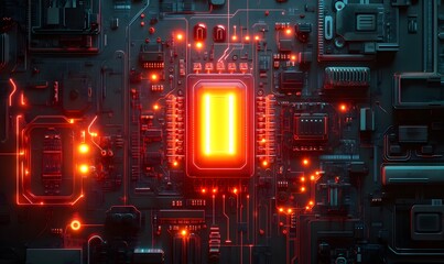 Poster - Detailed view of a complex computer circuit board with glowing red and yellow components