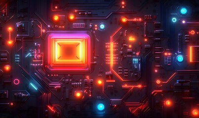 Poster - Abstract circuit board pattern with vibrant glowing components and dark background