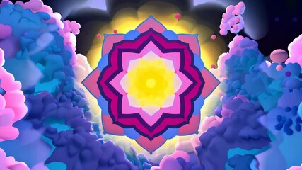 Poster - A colorful flower with a yellow center is surrounded by clouds. The clouds are blue and purple