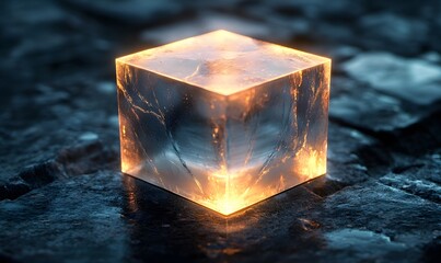 Poster - Glowing Cube on Dark Textured Surface Abstract Image Digital Render 3D Art