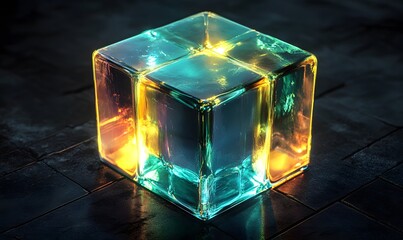 Poster - Glowing glass cube with multicolored illumination on dark tiled surface