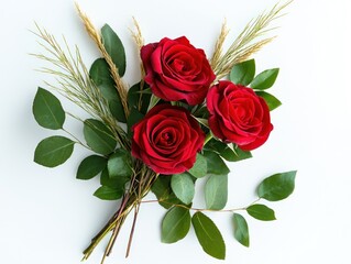 Wall Mural - Three red roses with green leaves and wheat sprigs on white backdrop, for love or celebration