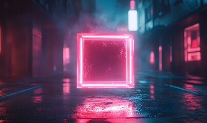 Poster - A Glowing Neon Pink Cube in a Dark Urban Alleyway with Reflective Wet Pavement
