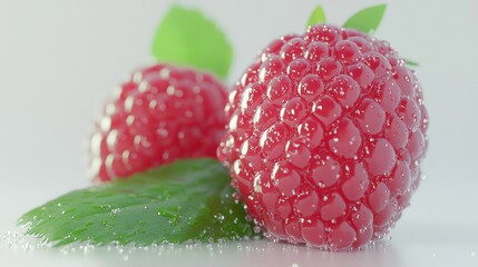 Wall Mural - Freshly Picked Raspberries with Dew Drops on a Leaf Against a Bright White Background